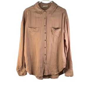 New In Oversized Tan Distressed Shirt with Fray Accents Sz Medium